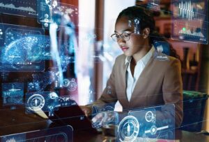 Young female programmer displays her coding skills to design a new Artificial Intelligence interface.