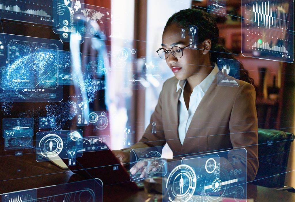 Young female programmer displays her coding skills to design a new Artificial Intelligence interface.